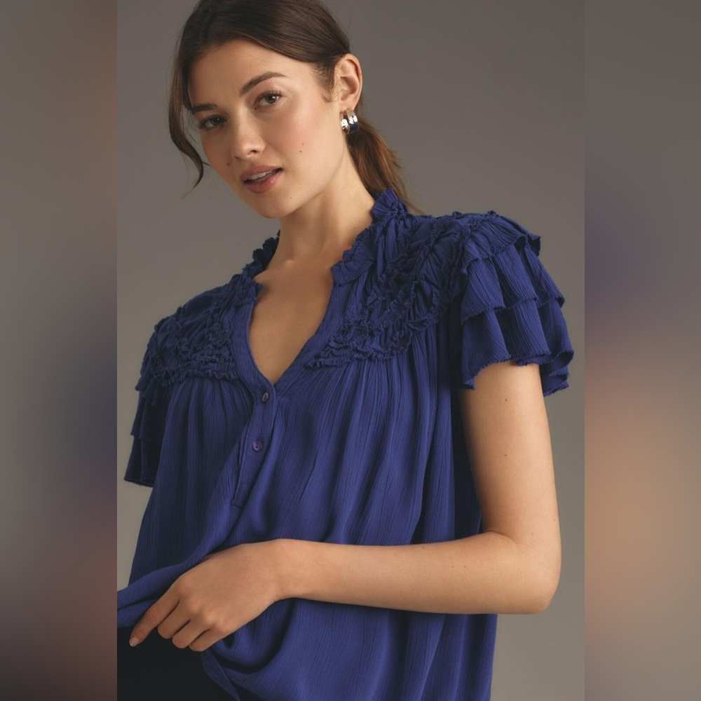 Maeve Royal Blue Ruffled Short-Sleeve Blouse